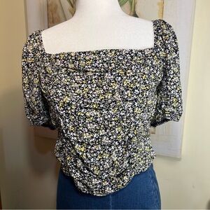 Sophie Rue Black Floral Puff Sleeve Blouse Square Neck Ruffle Top Size L